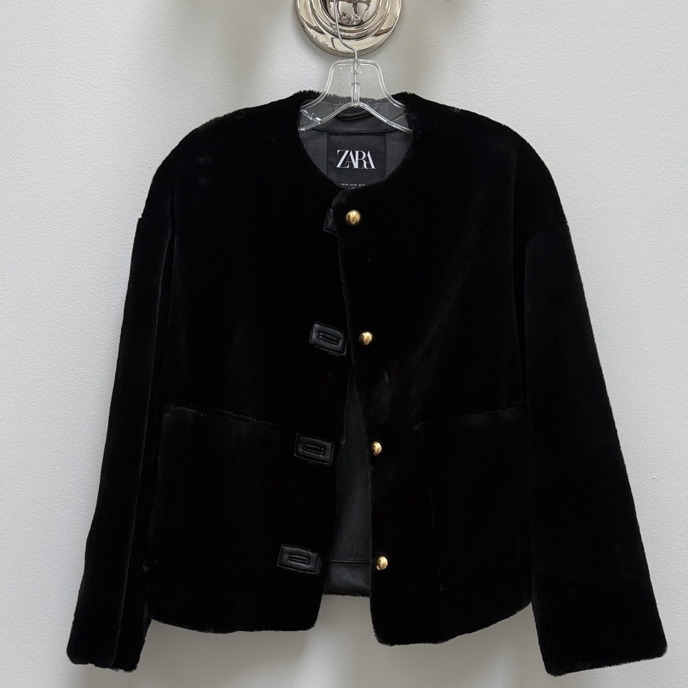 Zara Black Faux Fur Coat with Gold Accents
